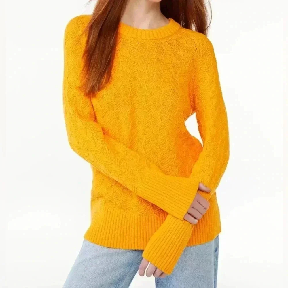 Free Assembly Crewneck Cotton Textured Knit Cadmium Yellow Sweater Women Size XL